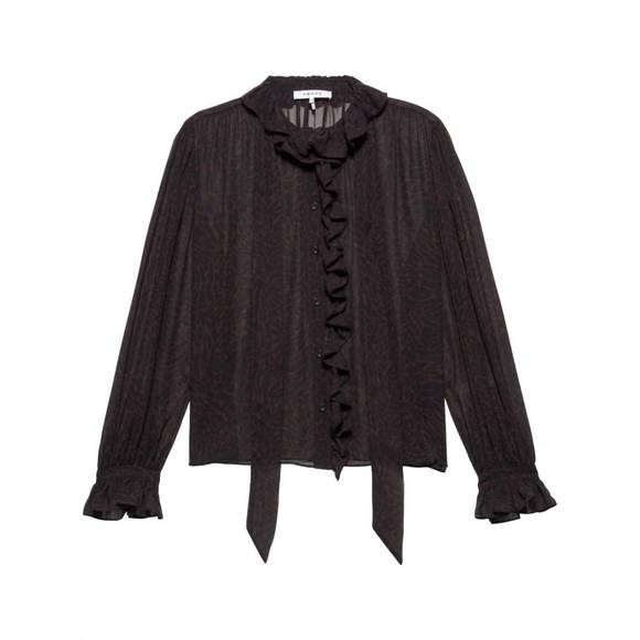 NEW FRAME ruffle front button up shirt in espresso multi - Picture 2 of 5